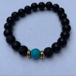 Black Lava Stone bead bracelet w teal marble stone